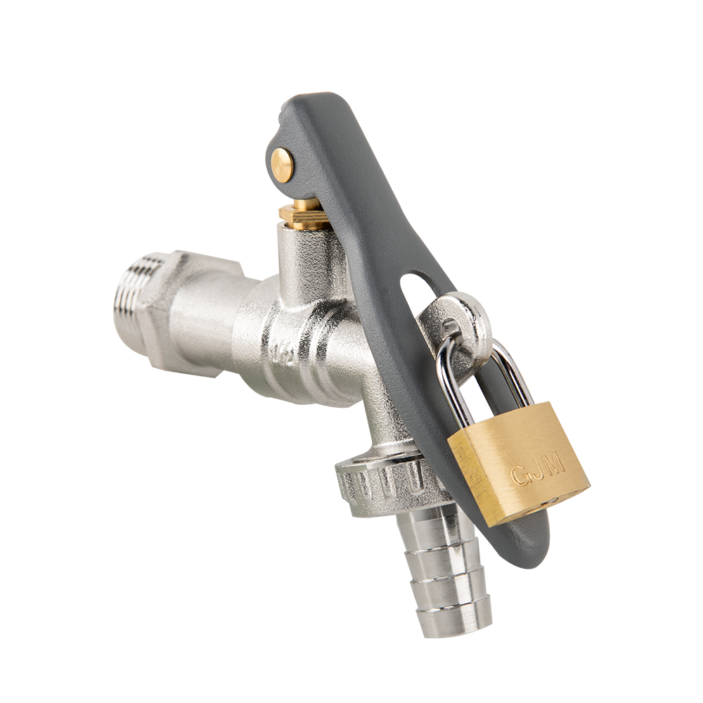 Lever Tap Brass Nickle Plated 1/2in BSPM Inlet with Hose Barb and lock