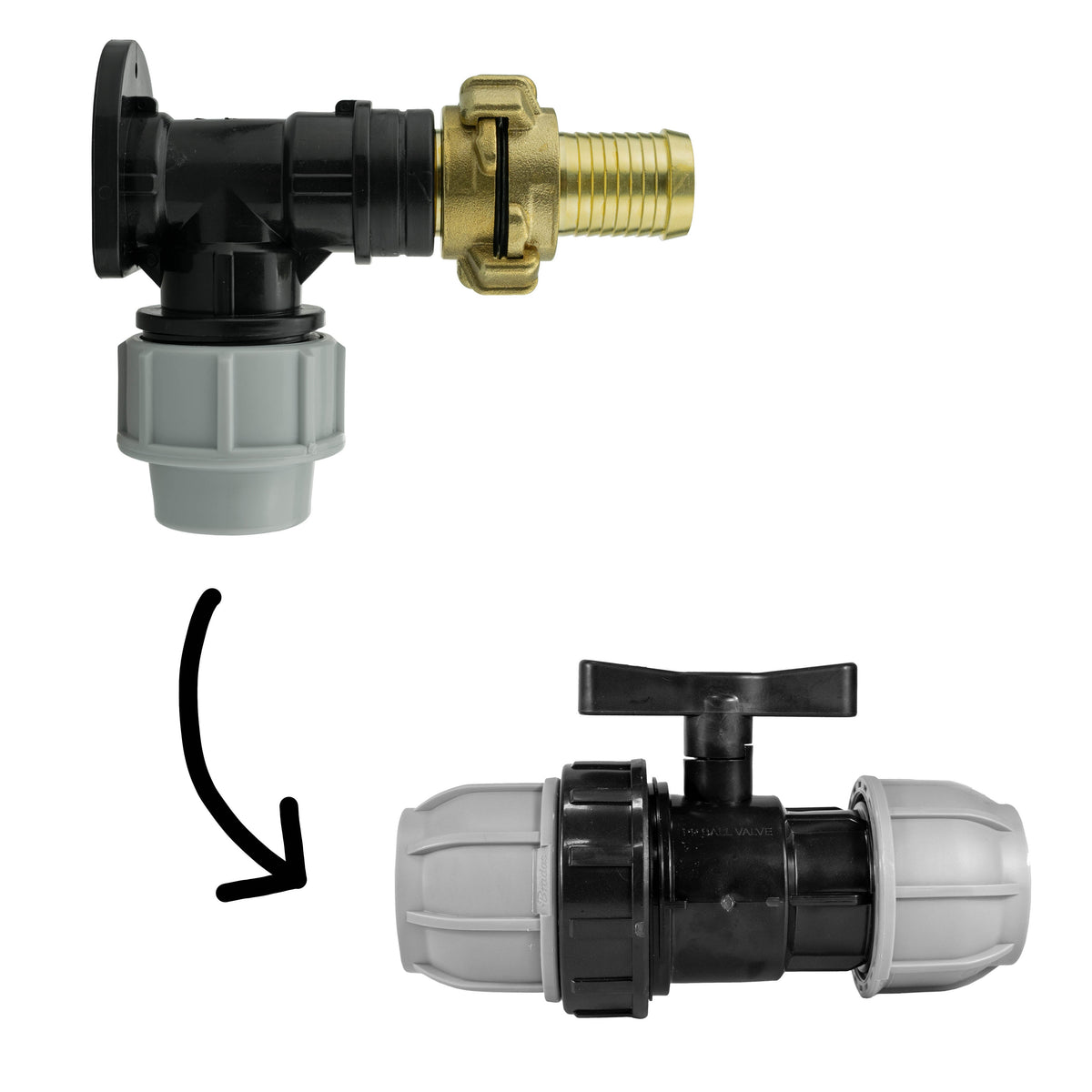 Wall Flange Kit 32mm MDPE + 32mm MDPE Valve + 25mm Barbed Geka Set Claw Coupling