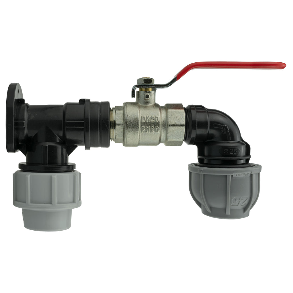 Wall Flange Kit 25mm MDPE + Lever Valve + 25mm MDPE Elbow for Hose Connector Set
