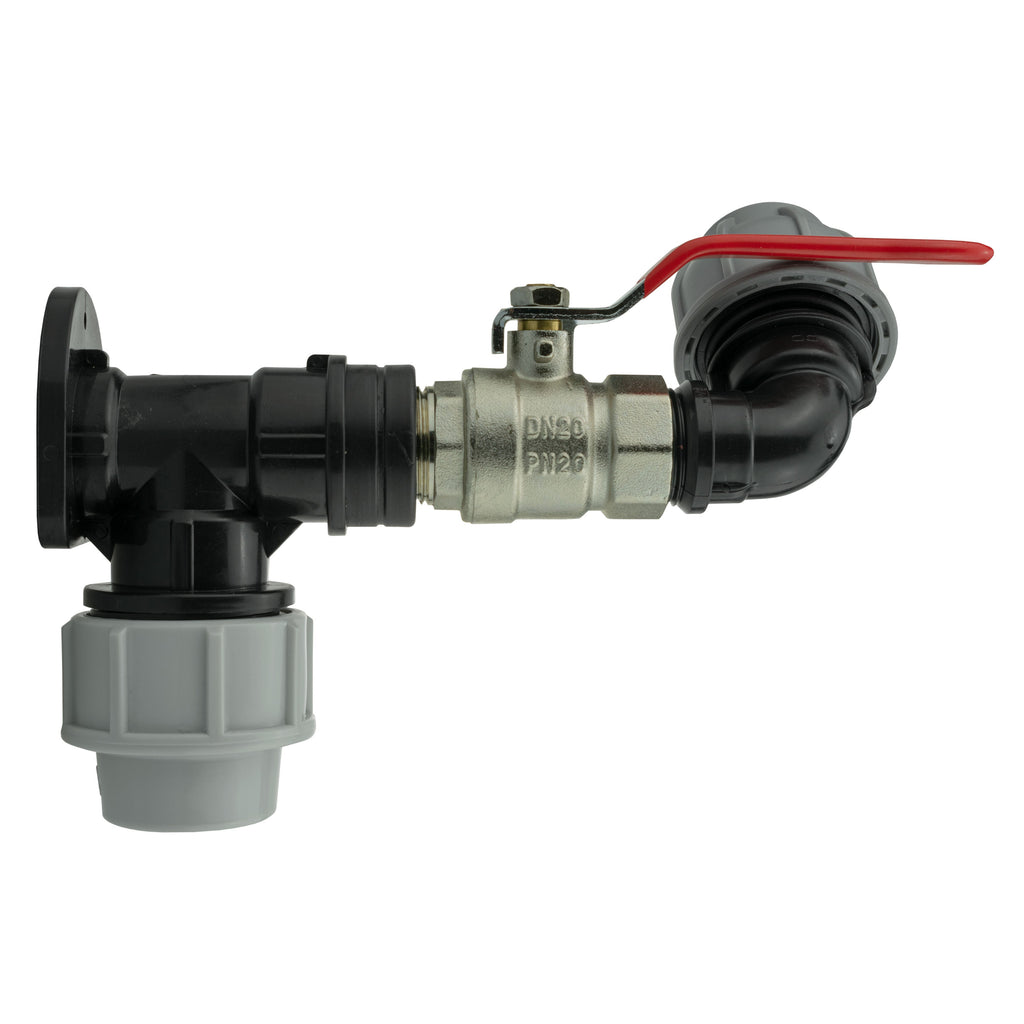 Wall Flange Kit 25mm MDPE + Lever Valve + 25mm MDPE Elbow for Hose Connector Set