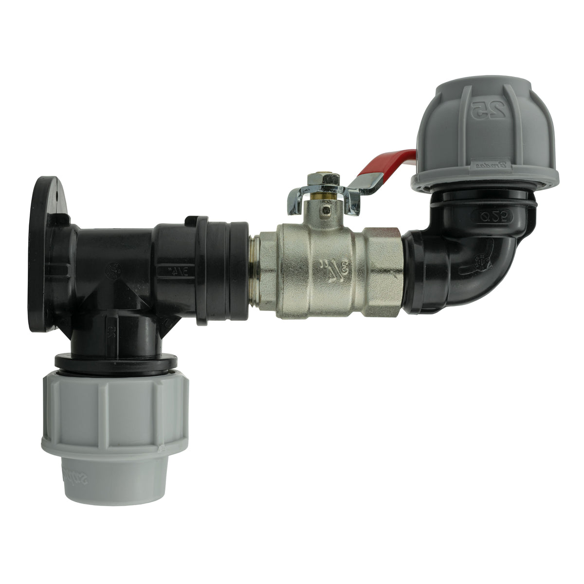 Wall Flange Kit 25mm MDPE + Lever Valve + 25mm MDPE Elbow for Hose Connector Set