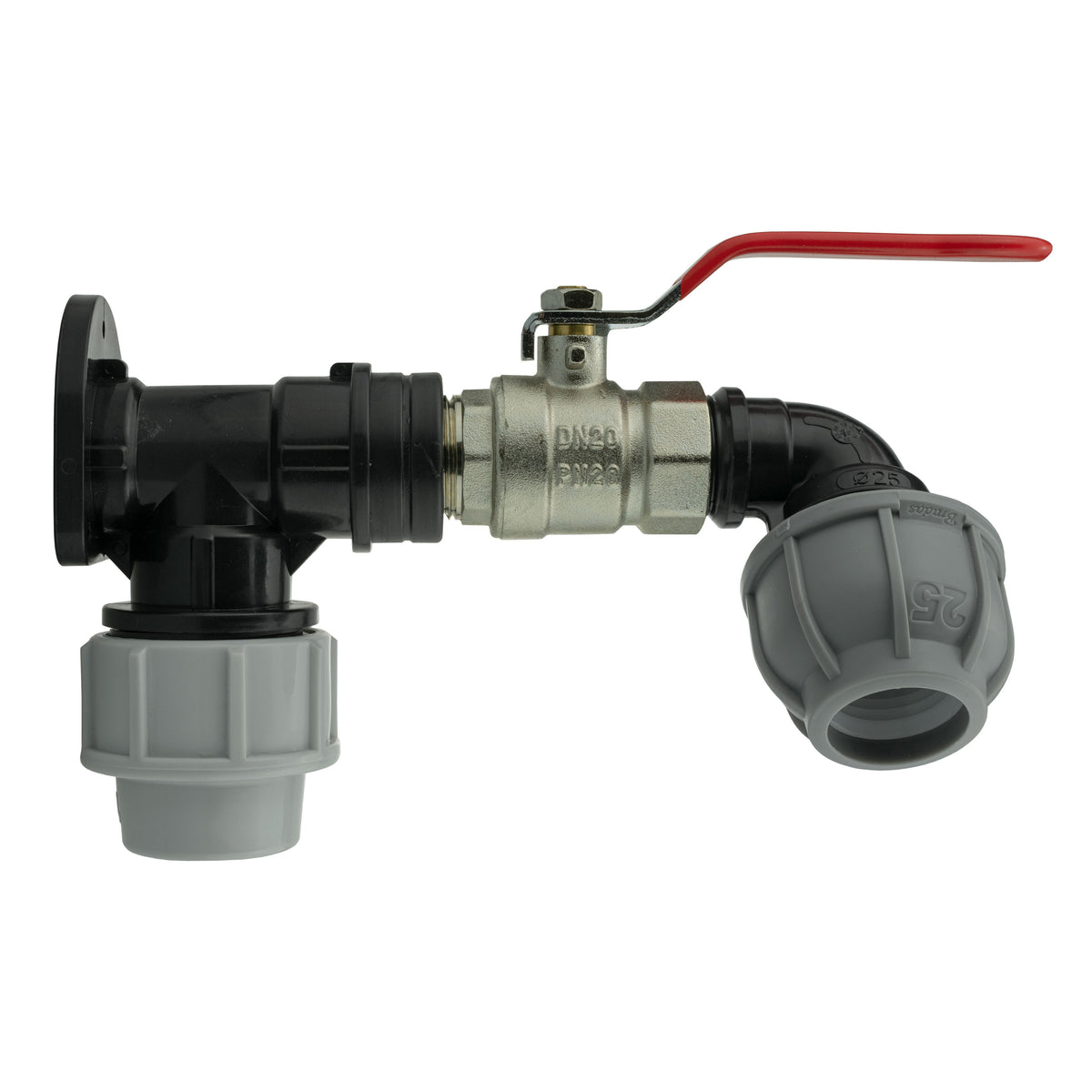 Wall Flange Kit 25mm MDPE + Lever Valve + 25mm MDPE Elbow for Hose Connector Set