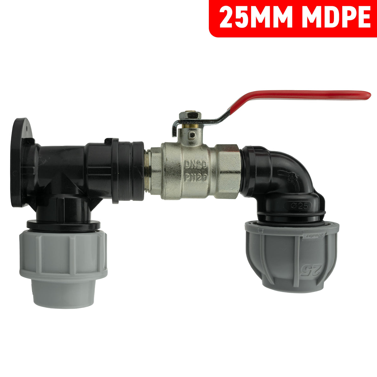Wall Flange Kit 25mm MDPE + Lever Valve + 25mm MDPE Elbow for Hose Connector Set