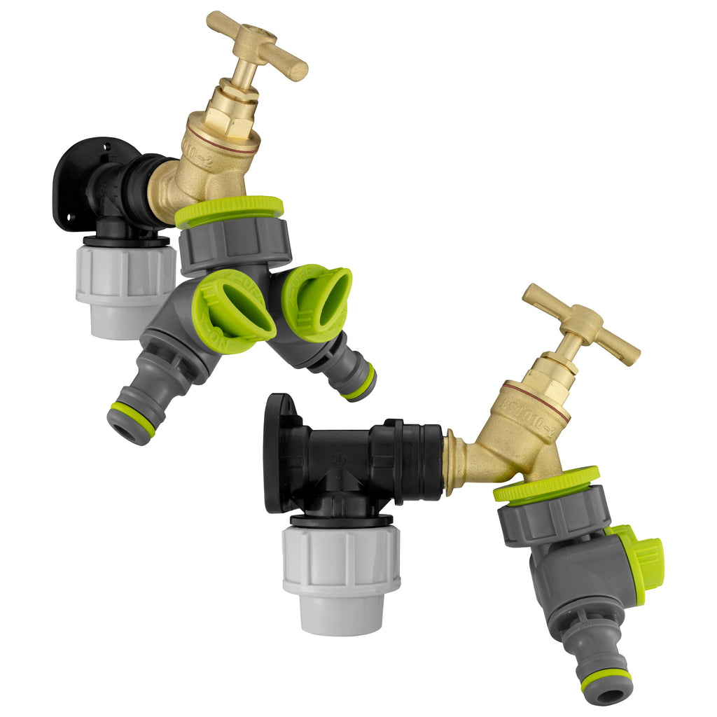 Wall Flange Kit 25mm MDPE + Brass Bib Tap + Lime Two Way Tap Splitter